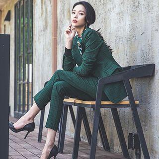 Set: Plaid Single-breasted Blazer + Slim-fit Dress Pants