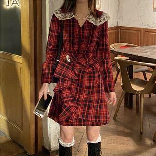 Long-sleeve Plaid Lace Collar Dress Plaid - One Size