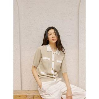 Short-sleeve Contrast-trim Cardigan Ivory - One Size