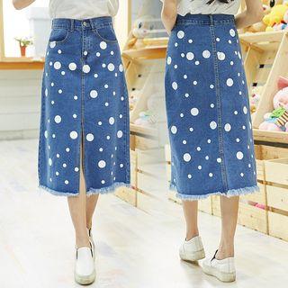 Dotted Slit Front A-line Midi Denim Skirt
