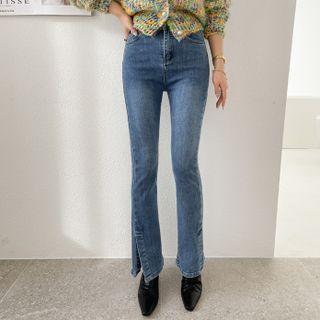 Slit-hem Washed Bootcut Jeans