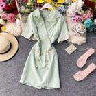 Contrast-trim Double-breasted Lapel Short-sleeve Dress