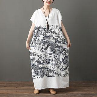 Printed Panel Short Sleeve Maxi Dress