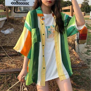 Color Block Elbow-sleeve Shirt Shirt - One Size