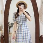 V-neck Plaid Short Sleeve A-line Dress