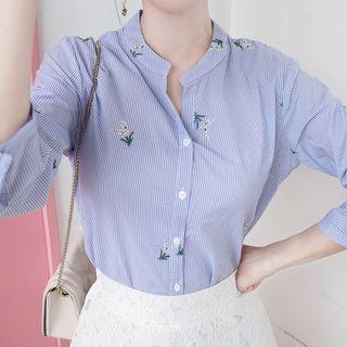 Open-placket Floral-embroidered Stripe Shirt