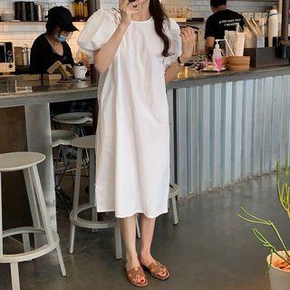 Puff-sleeve Irregular Plain Dress