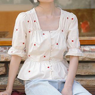 Elbow-sleeve Floral Embroidered Buttoned Peplum Top