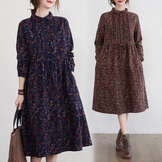 Long-sleeve Floral Print Midi Shift Shirtdress