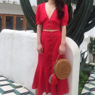 Elbow-sleeve Buttoned Top / Midi Mermaid Skirt