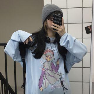 Long-sleeve Print T-shirt Blue - One Size