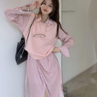 Long-sleeve Striped Midi Shirt Dress / Vest