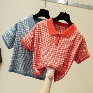 Houndstooth Collared Short-sleeve Knit Top