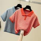 Houndstooth Collared Short-sleeve Knit Top