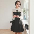 Frill-neck Color-block A-line Dress With Brooch