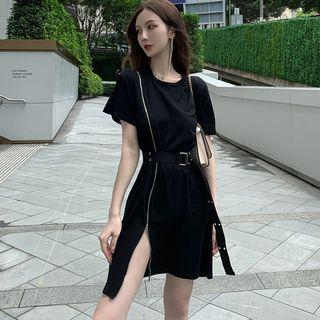 Short-sleeve Zip Front T-shirt Dress Black - One Size