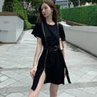 Short-sleeve Zip Front T-shirt Dress Black - One Size