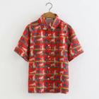 Short-sleeve Cat Printed Shirt Red - One Size