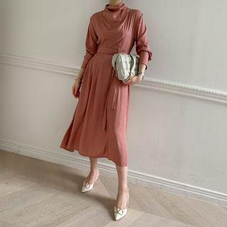High-neck A-line Dress With Sash