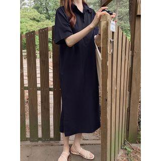 Elbow-sleeve Polo-neck Midi A-line Dress