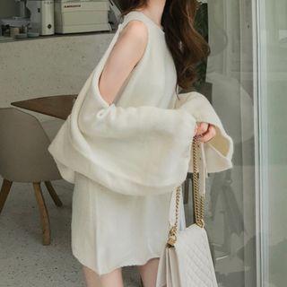 Set: Sleeveless Knit Top + Open Front Lantern-sleeve Cardigan Set - As Shown In Figure - One Size