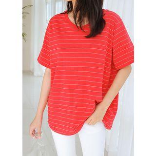 Plus Size - V-neck Boxy-fit Stripe T-shirt