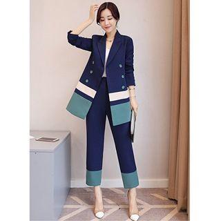 Set: Color-block Double-breasted Jacket + Pants