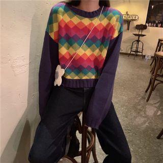 Patterned Round Neck Cropped Sweater As Shown In Figure - One Size