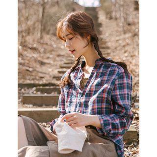 Raglan-sleeve Plaid Shirt Navy Blue - One Size