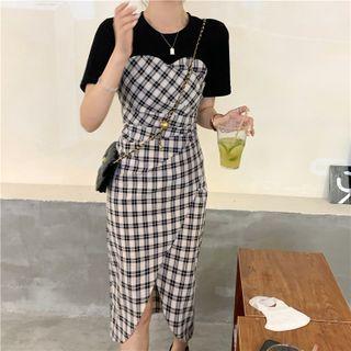 Short-sleeve Plaid Panel Slit Dress