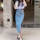 Frayed Denim Midi Skirt / Short-sleeve Lettering T-shirt