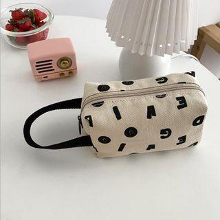Lettering Canvas Pouch With Pin - Black Lettering - Beige - One Size