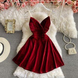 Faux Pearl Strap Velvet Mini Dress
