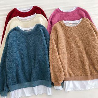 Mock Two-piece Crewneck Faux Shearling Long-sleeve Sweatshirt