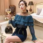 Long-sleeve Frill-trim Chiffon Top / Mini Skirt