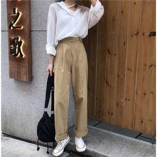 Long-sleeve Plain Shirt / High-waist Straight Leg Pants