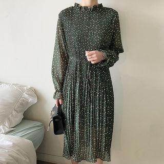 Puff-sleeve Floral Pleated Midi Shirtdress