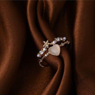 Heart Star Faux Cat Eye Stone Layered Alloy Open Ring White - One Size