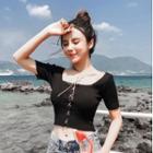 Lace-up Front Short-sleeve Cropped Knit Top