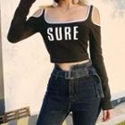 Lettering Cold-shoulder Long-sleeve Cropped Top