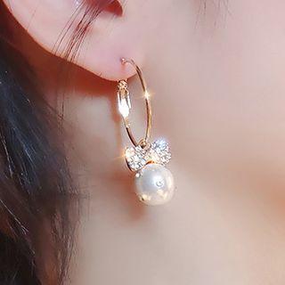 Bow Rhinestone Faux Pearl Alloy Dangle Earring 1 Pair - White & Gold - One Size