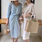 Asymmetrical Elbow-sleeve Tie-waist Shirtdress