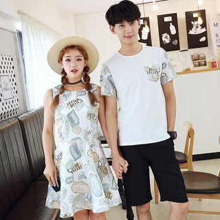 Couple Matching Sleeveless Printed Mini Dress / Short-sleeve T-shirt