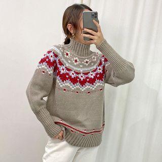 Turtle-neck Jacquard Sweater Red - One Size