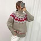 Turtle-neck Jacquard Sweater Red - One Size