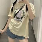 Short-sleeve Rabbit Print T-shirt Light Yellow - One Size