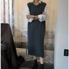 Plain Shirtdress / Sleeveless V-neck Knit Dress