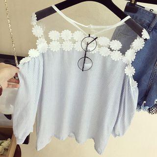 Cold Shoulder Mesh Panel Elbow-sleeve Top