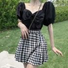 Puff-sleeve Bow Blouse / Plaid A-line Mini Skirt
