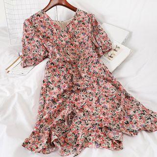 Floral Print Drawstring-front Short-sleeve Mini A-line Dress